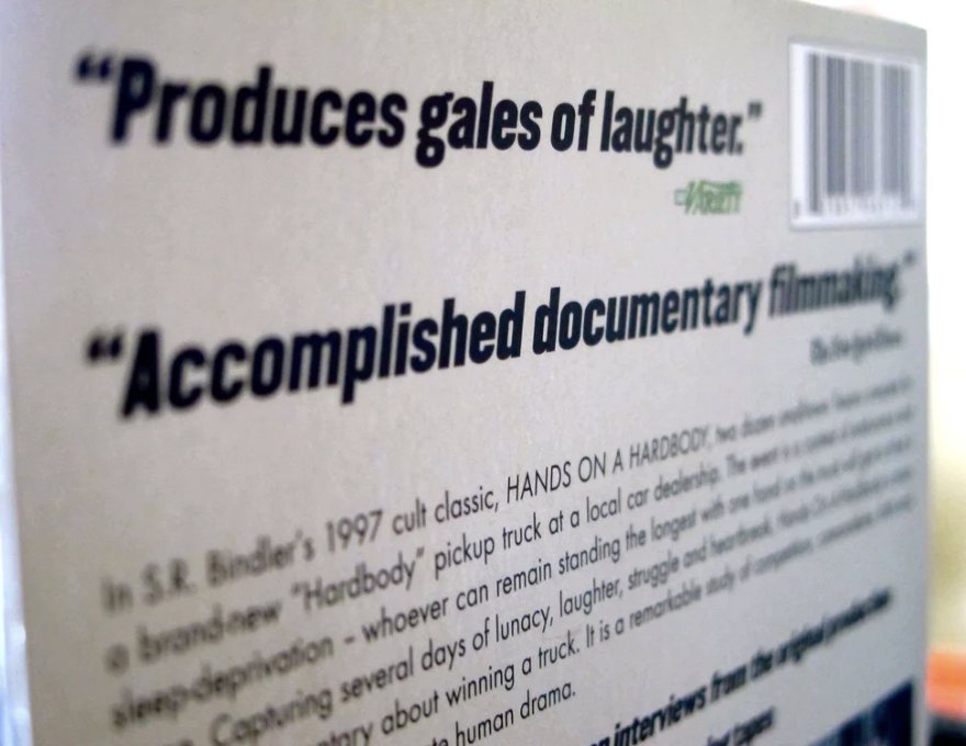 The DVD back cover with the quotes Produces gales of laughter and Accomplished documentary filmmaking