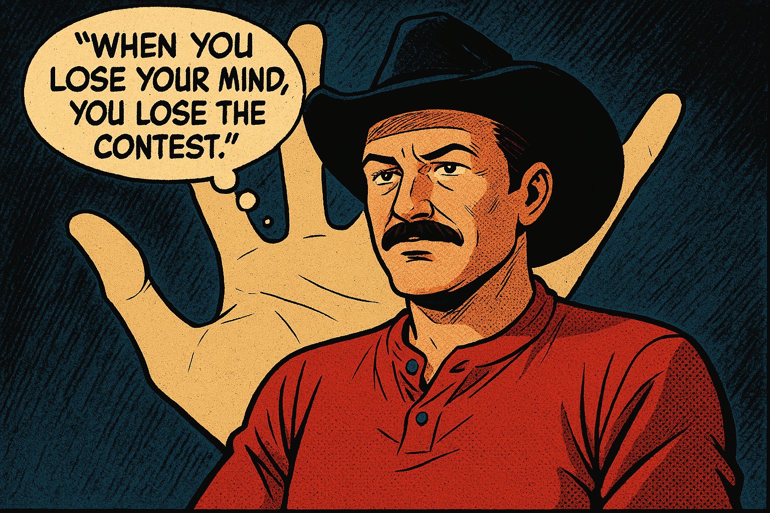A comic-book panel of Benny in a black cowboy hat and red shirt saying, When you lose your mind, you lose the contest